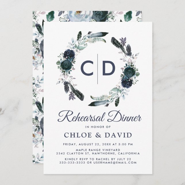 Rustic Boho Blue Floral Rehearsal Dinner Invitation (Front/Back)