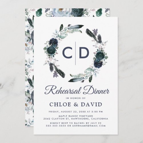 Rustic Boho Blue Floral Rehearsal Dinner Invitation - Elegant wedding rehearsal dinner invitations featuring a chic white background that can be changed to any color, a rustic navy blue watercolor floral wreath design, the couples initials, and a modern text template that is easy to personalize.