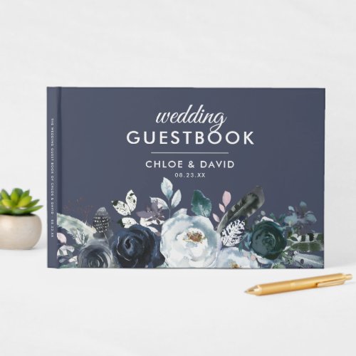 Rustic Boho Blue Floral Watercolor Wedding Guest Book - bohemian wedding guestbook featuring a blue background that can be changed to any color, a navy & white watercolor rose and peony flower display, and a wedding book text template that is easy to personalize. You will find matching items further down the page, if however you can't find what you looking for please contact me.