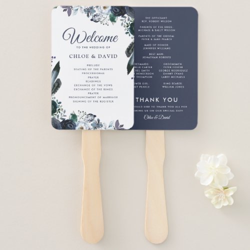 Rustic Boho Blue Floral Wedding Program Hand Fan - Rustic bloom wedding program fans featuring a chic white background on the front that can be changed to any color, a navy blue watercolor floral corner display, and a modern wedding order of service template that is easy to personalize.