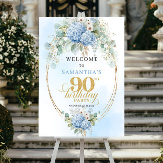 Rustic Boho Blue Hydrangeas 90th birthday welcome Poster