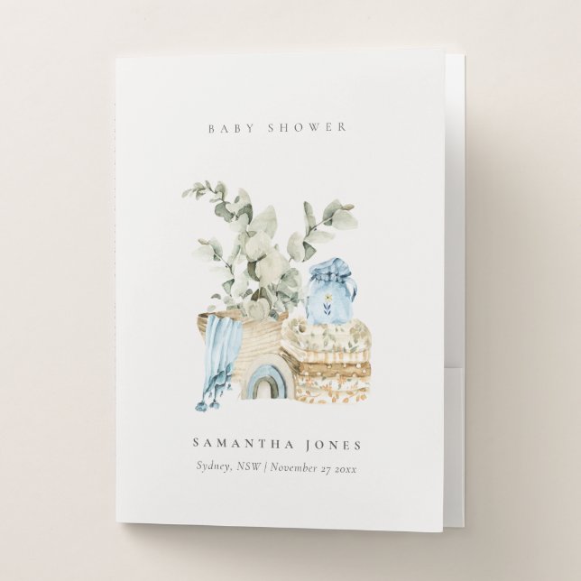 Rustic Boho Blue Nursery Foliage Boy Baby Shower Pocket Folder (Front)