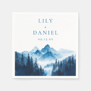 Rustic Boho Blue Watercolor Mountains Wedding Napkins