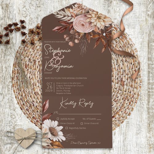 Rustic Boho Blush Neutrals Floral Brown Dinner All In One Invitation