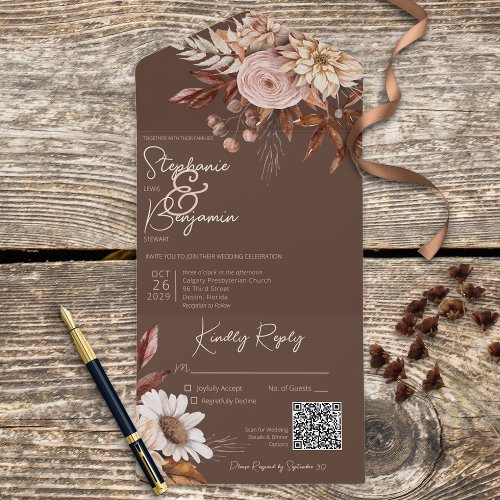 Rustic Boho Blush Neutrals Floral Brown QR Code All In One Invitation