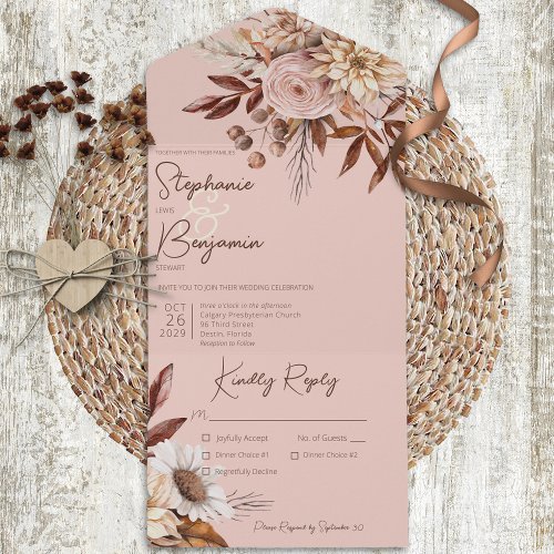 Rustic Boho Blush Neutrals Floral Pink Dinner All In One Invitation