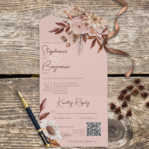 Rustic Boho Blush Neutrals Floral Pink QR Code All In One Invitation