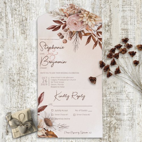 Rustic Boho Blush Neutrals Floral Tan Dinner All In One Invitation