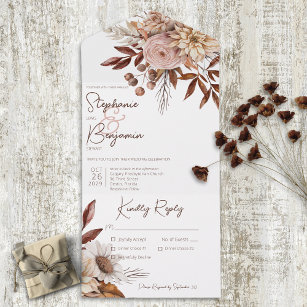Rustic Boho Blush Neutrals Floral White Dinner All In One Invitation