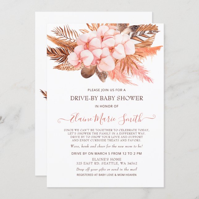Rustic Boho Blush Pampas Drive By Baby Shower Invitation (Front/Back)