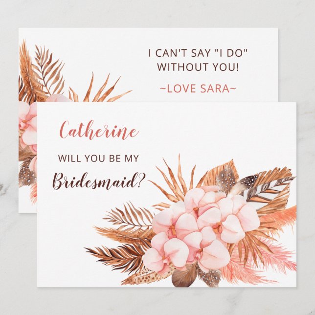 Rustic Boho Blush Pampas Will You Be My Bridesmaid Invitation (Front/Back)