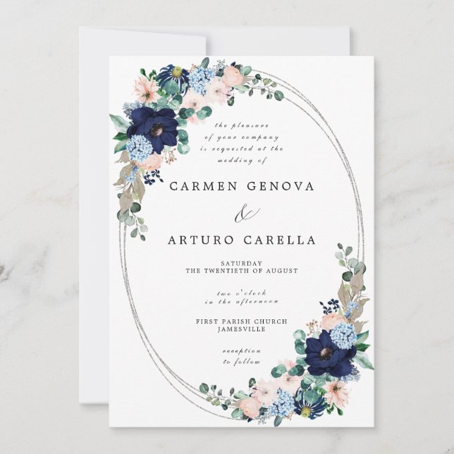 Rustic Boho Blush Pink Dusty Blue Floral Wedding  Invitation (Front)