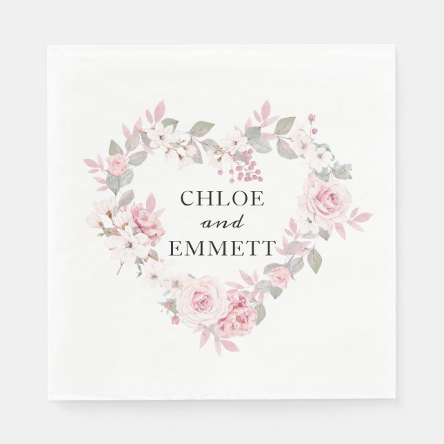 Rustic Boho Blush Pink Floral Botanical Heart Napkins (Front)