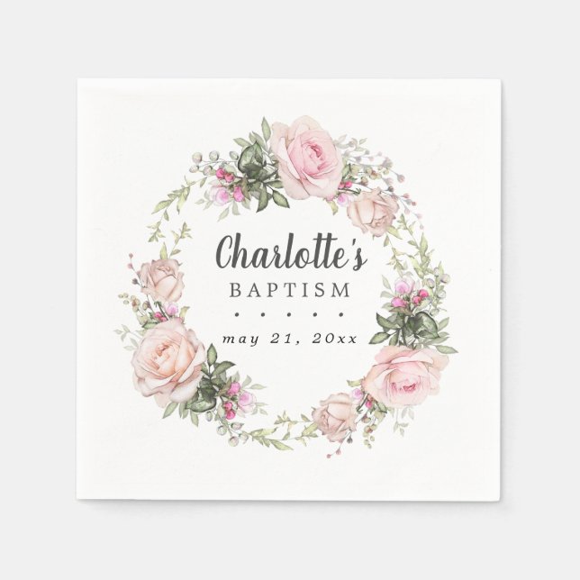 Rustic Boho Blush Pink Rose Floral Baptism Napkins (Front)