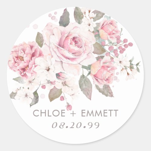 Rustic Boho Blush Pink Rose Floral Wedding Classic Round Sticker