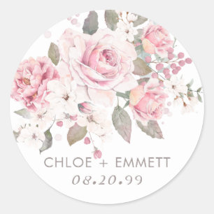 Rustic Boho Blush Pink Rose Floral Wedding Classic Round Sticker