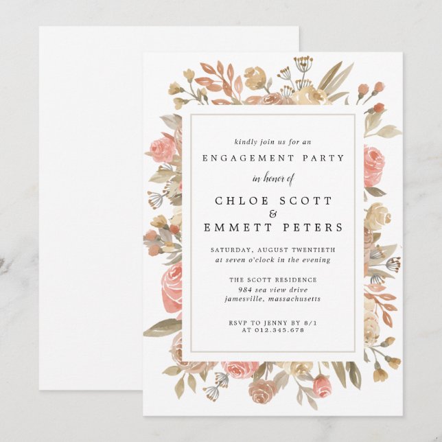 Rustic Boho Blush Rose Floral Engagement Party Invitation (Front/Back)