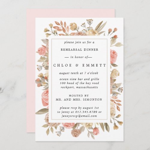 Rustic Boho Blush Rose Floral Rehearsal Dinner Invitation