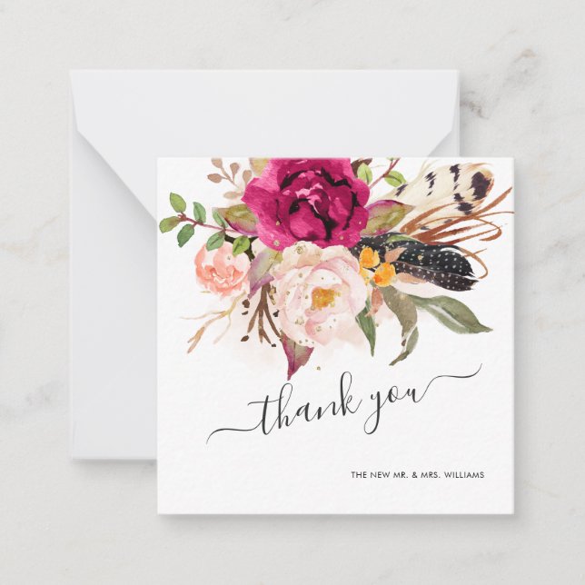 Rustic Boho Blush Watercolor Flowers thank you Note Card (Front)