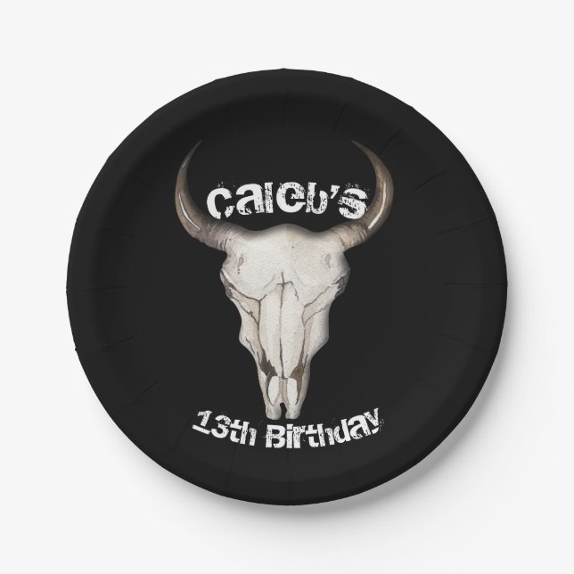 Rustic Boho Bohemian Cow Bull Birthday Party Paper Plates (Front)