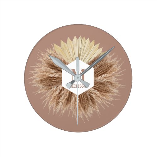 Rustic Boho Bohemian Pampas Grass Monogram Round Clock