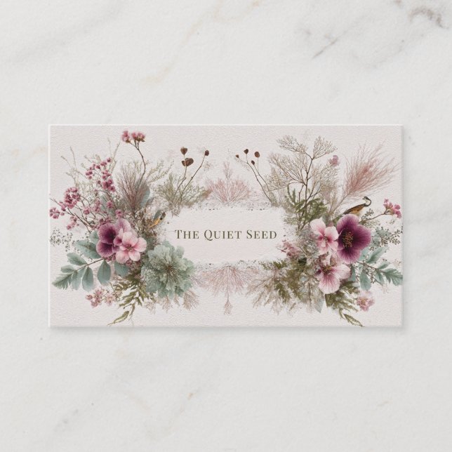 Rustic Boho Botanical Pink Flower & Bird Business Card (Front)
