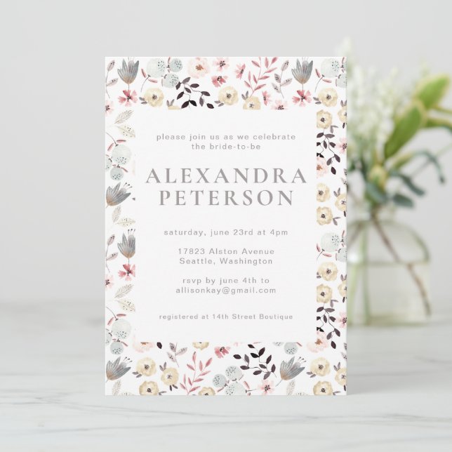 Rustic Boho Botanical White Gray Bridal Shower Invitation (Standing Front)