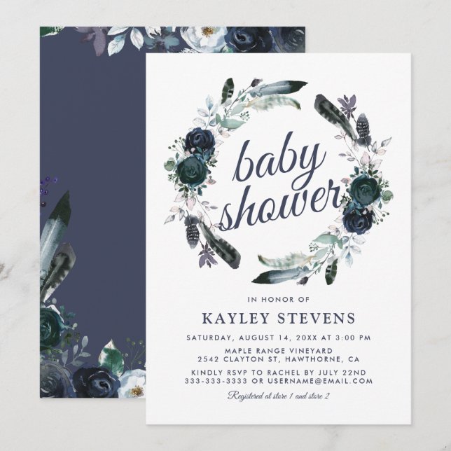 Rustic Boho Boy Blue Floral Baby Shower Invitation (Front/Back)