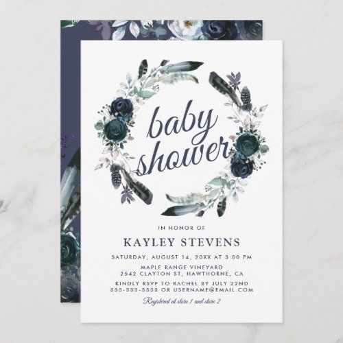 Rustic Boho Boy Blue Floral Baby Shower Invitation - Rustic boho bloom baby shower invitations featuring a chic white background that can be changed to any color, a cute watercolor navy floral wreath design, and a modern baby party template that is easy to personalize.