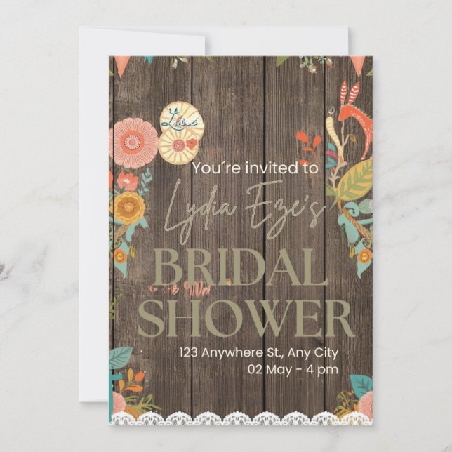 Rustic Boho Bridal Shower Invitation with Wood Bac (Front)