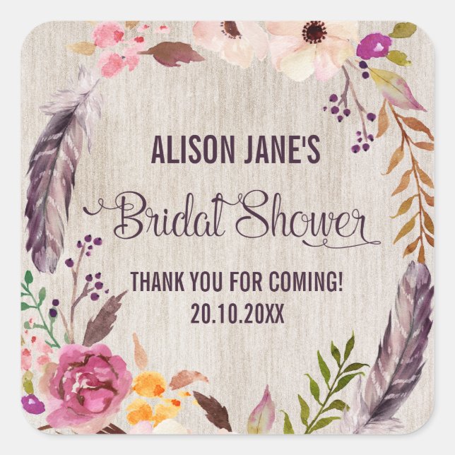 Rustic Boho Bridal Shower Thank You Sticker Favors (Front)