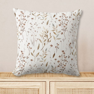 Rustic Boho Brown Pretty Flowers Leaves Pattern Throw Pillow