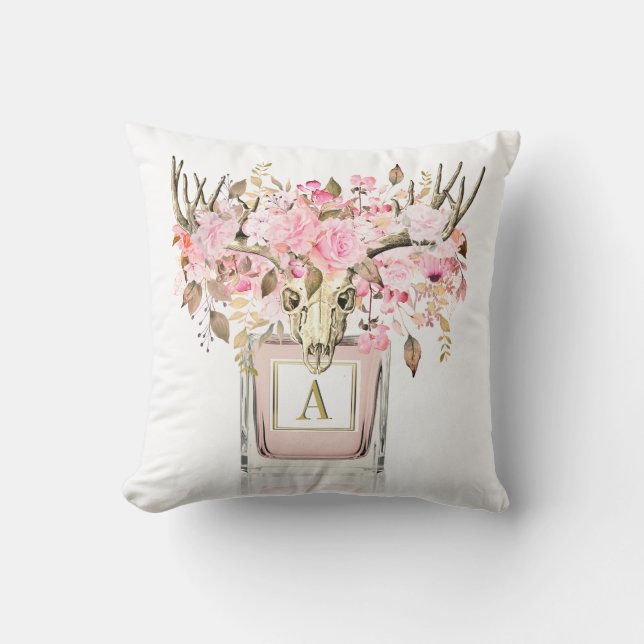 Rustic Boho Bull Skull Floral Roses Monogram    Throw Pillow (Front)