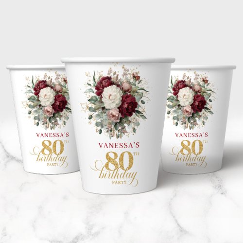 Rustic Boho Burgundy 80th Birthday Paper Cups