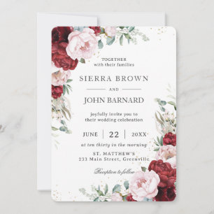 Rustic Boho Burgundy Blush Peonies Floral Invitation