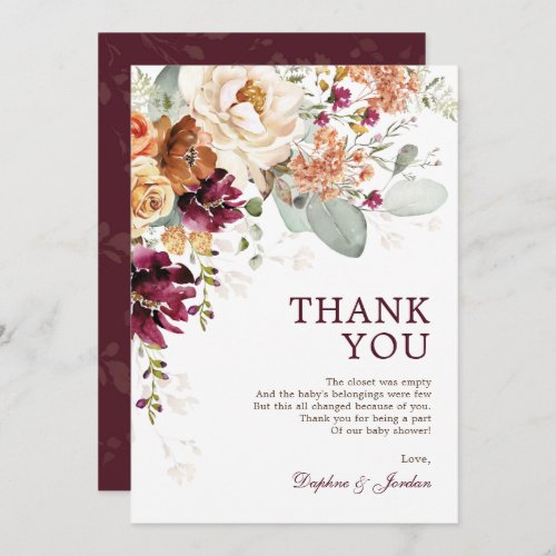 Rustic Boho Burgundy Burnt Orange Baby Shower Thank You Card