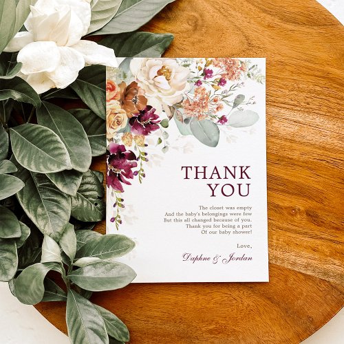 Rustic Boho Burgundy Burnt Orange Baby Shower Thank You Card