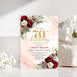 Rustic Boho Burgundy Floral 70th Birthday Invite