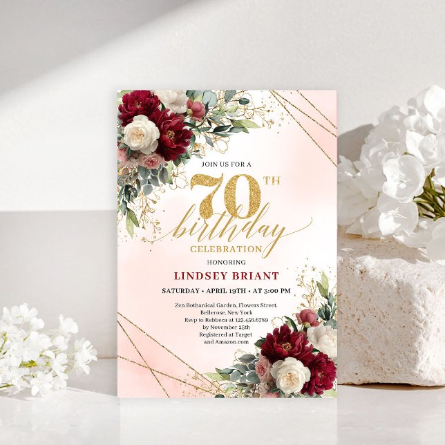 Rustic Boho Burgundy Floral 70th Birthday Invite (Rustic Boho Burgundy Floral 70th Birthday Invitation)