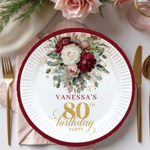 Rustic Boho Burgundy Floral 80th Birthday Paper   Plates