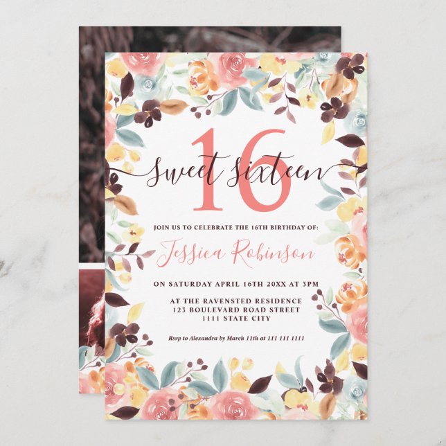 Rustic boho burgundy floral photo Sweet 16 Invitation (Front/Back)