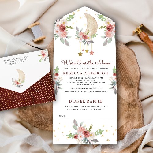 Rustic Boho Burgundy Floral Stars Moon Baby Shower All In One Invitation