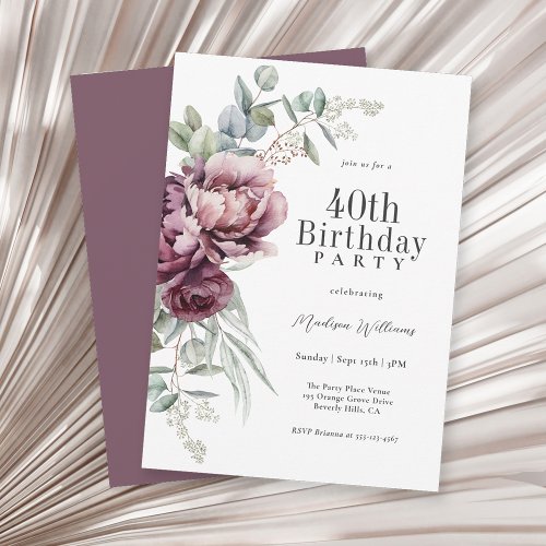 Rustic Boho Burgundy Plum Floral 40th Birthday Invitation