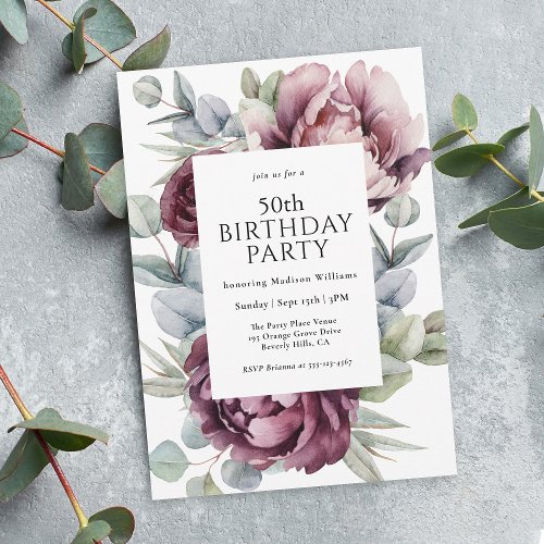 Rustic Boho Burgundy Plum Floral 50th Birthday Invitation