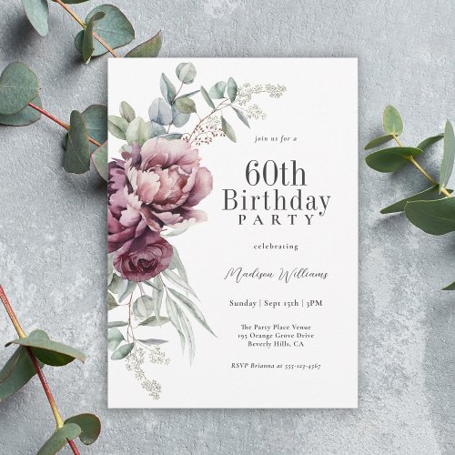 Rustic Boho Burgundy Plum Floral 60th Birthday Invitation