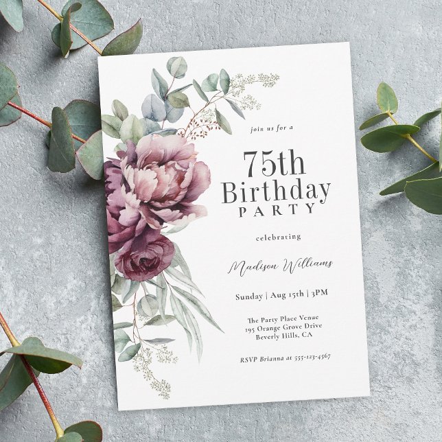 Rustic Boho Burgundy Plum Floral 75th Birthday Invitation (Available as printed or paperless digital download!)