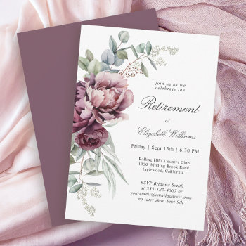 Rustic Boho Burgundy Plum Floral Retirement Party Invitation by DancingPelican at Zazzle
