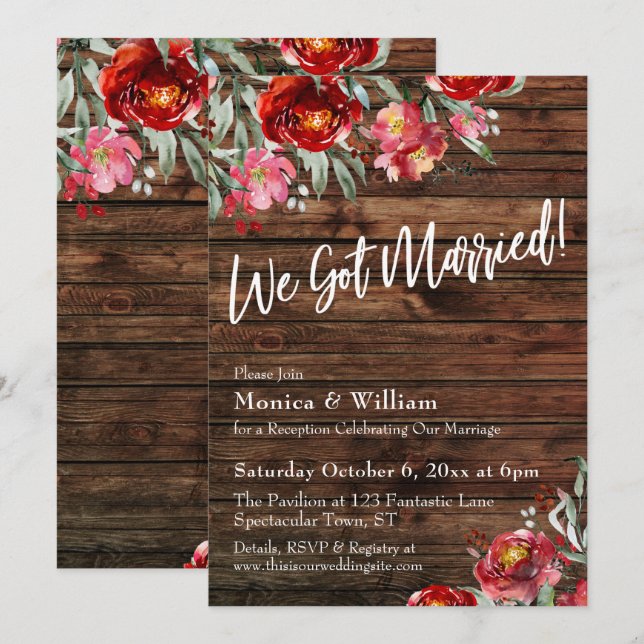 Rustic Boho Burgundy Red Floral We Got Married Invitation (Front/Back)