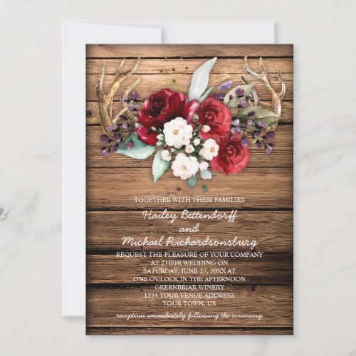 Rustic Boho Burgundy  White Roses Antlers Wedding Invitation