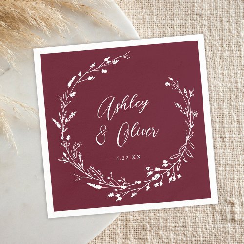 Rustic Boho Burgundy Wildflower Botanical Wedding Napkins